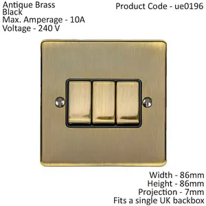 3 Gang Triple Light Switch ANTIQUE BRASS 2 Way 10A Black Trim & Metal Rocker