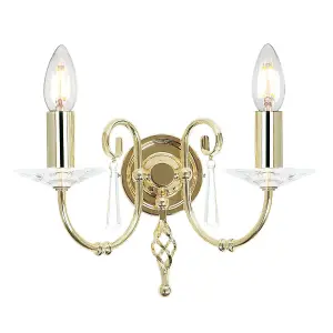 Twin Wall Light Cut Glass Droplets Swirl Finial Polished Brass LED E14 60W