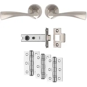 Premium Door Handle & Latch Pack - Satin Nickel Curved Flair Lever Round Rose