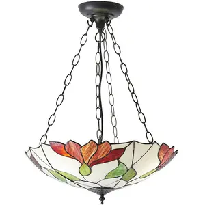 Tiffany Glass 3 Ceiling Light Pendant - Modern Floral Design - Dark Bronze Finish