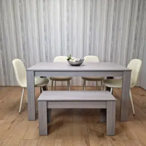 Dining Table Set In Grey, 4 Diamond-Pattern Cream Chairs, and 1 Bench. Kitchen Dining Table for 4