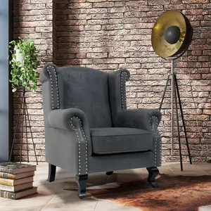 Faux Leather Suede Grey Britannia Wing Back Chair with Union Jack Flag