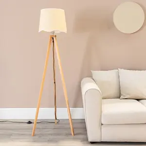 ValueLights Barbro Light Wood Tripod Floor Lamp with Natural Linen Scallop White Edge Shade and LED Bulb