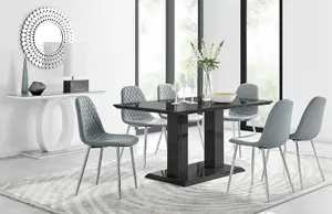 Imperia Black High Gloss 6 Seater Dining Table with Structural 2 Plinth Column Legs 6 Grey Faux Leather Silver Leg Corona Chairs