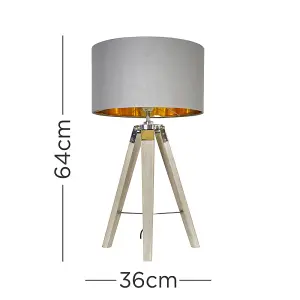 ValueLights Clipper Modern Light Wood and Chrome Tripod Table Lamp with Warm Grey Gold Drum Shade