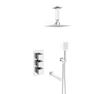 Nes Home Olive Square 3 Way Concealed Thermostatic Shower Mixer Valve, Ceiling Shower Head, Handset, Spout Set Chrome