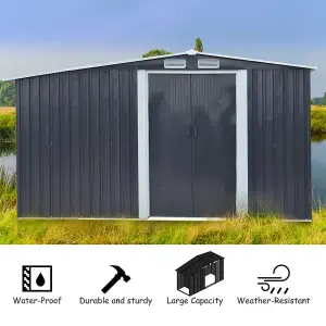 10 x 8 ft Waterproof Outdoor Metal Shed Garden Storage Tool Shed Apex Roof Double Door with Log Storage Store,Black