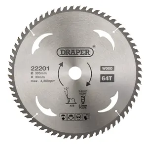 Draper  TCT Circular Saw Blade for Wood, 305 x 30mm, 64T  22201