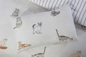 Purrrfect Reversible Duvet Cover Set Cats and Stripes Bedding Natural