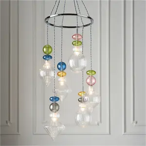 Hanging Ceiling Pendant Light - Chrome Plate Clear & Multi Coloured Glass - 6 X 3W LED G9