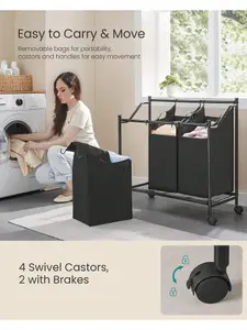 SONGMICS Rolling Laundry Sorter, Laundry Basket With 3 Removable Bags, Laundry Hamper, Laundry Trolley, For Laundry Room