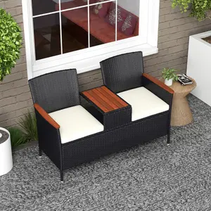 Outsunny Rattan Garden Bench w/ Wood Top Table, Wicker Chair w/ Cushions, Black