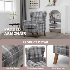 Wingback Tartan Armchair Soft Padded Retro Check Leisure Chair Fabric Lounge for Living Room Bedroom - Blue