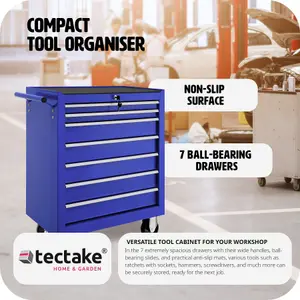 Tool Box - with wheels, 7 drawers, central locking system - blue