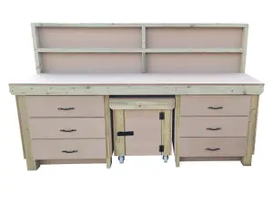 Wooden MDF top workbench with drawers and functional lockable cupboard (V.5) (H-90cm, D-70cm, L-210cm) with back