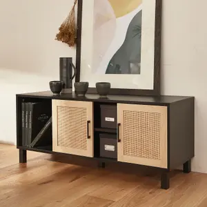 sweeek. 15cm TV stand rattan and cane effect Bianca Black 115x40x48 cm