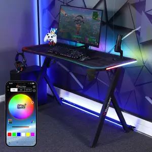 X-Rocker Lumio Compact 110 x 55cm RGB Gaming Desk, Gaming Table with Headphone Hook and Cup Holder Office Desk with FREE Mousemat