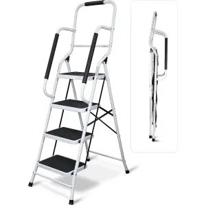 4 Step Safety Stepladder - White Foldable Ladder with Wide Non-Slip Treads, Safety Handrail & Rubber Ferrules - H159 x W53 x D84