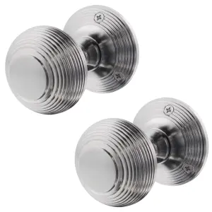 AFIT Beehive Door Knobs Satin Chrome - 1 Pair of Reeded Mortice Knobs (55mm) for Internal Doors