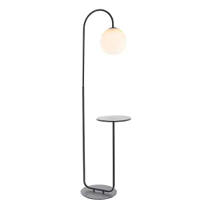 Satin Black Floor Lamp with Side Table - 1750mm Height - Opal Sphere Glass Shade