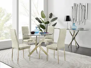 Furniturebox UK 4 Seater Dining Set - Novara 100cm Gold Round Glass Dining Table and Chairs - 4 Cream Velvet Milan Gold Leg Chairs