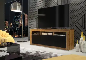 Modern TV Unit 160cm Oak with Matt Black Doors - Creative Furniture