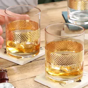 Set of 2 Whisky Tumblers Geometric Embossed Gold Diamond Band Whiskey Glasses