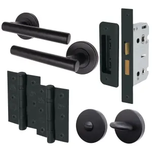 AFIT Matt Black Bathroom Door Handle Set - Thumb Turn & Release Set, Lock & Hinges (76mm) Olvera Range