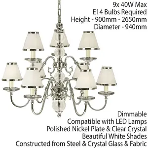 Flemish Ceiling Pendant Chandelier Polished Nickel & White Shades 5 Lamp Light