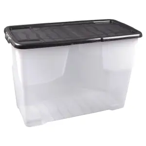 2 x Stackable & Strong Durable 100 Litre Curve Plastic Storage Boxes With Black Lids For Home & Office