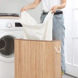 SONGMICS Laundry Basket with Lid, Laundry Basket with Removable Bag, with Clip and Handles, Foldable Laundry Basket, Wood Color