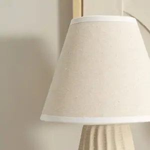 ValueLights Saskia Natural Ceramic Textured Base Bedside Table Lamp with Linen Tapered Shade