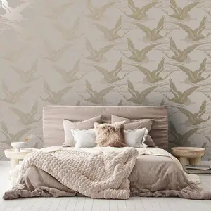 Holden Lucent Glistening Metallic Cranes Wallpaper Blush Pink (13430-BUR)