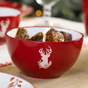 Set of 6 Red Stag Christmas Dinnerware Stoneware Bowls