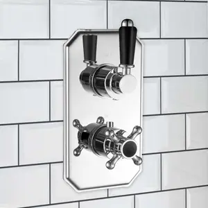 ENKI Regent Chrome Black Traditional Crosshead Single Outlet Brass Thermostatic Twin Shower Valve TSV031