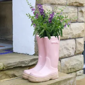 Pink Double Wellington Boots Large Ceramic Indoor Outdoor Flower Pot Garden Planter