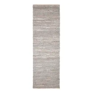 Homescapes Grey Real Leather Handwoven Diamond Pattern Rug, 66 x 200 cm