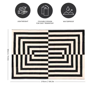 Large Garden Outdoor Rug For Patio, Black & Cream Grid Waterproof Garden Rug 180 x 270cm