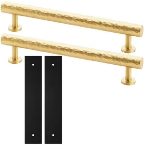 2 PACK - Pull Handle & Contrasting Backplate Set - Hammered Round T Bar - Satin Brass & Black