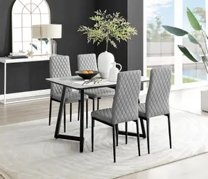 Carson 4 Seater White Marble Effect Rectangular Scratch Resistant Dining Table with 4 Grey Milan Faux Leather Black Leg Chairs