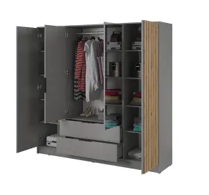 Nelly Contemporary Mirrored Hinged 4 Door Wardrobe Grey 2 Drawers 8 Shelves 1 Rail Lamela Decor (H)2000mm (W)2060mm (D)510mm