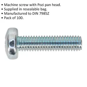 100 Pack of M5 x 20mm Pozi Pan Head Machine Screws - DIN 7985Z