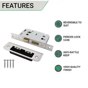 AFIT Bathroom Lock 65mm / 44mm Backset Pol Stainless for Internal Wooden Bathrooms Accepts 5mm Square Spindle CE UKCA & Fire Door