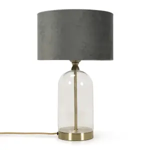 ValueLights Jessy Glass and Gold Metal Bedside Table Lamp with a Grey Velvet Lampshade