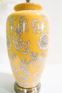 Yellow Floral Ceramic Table Lamp with Plain Shade