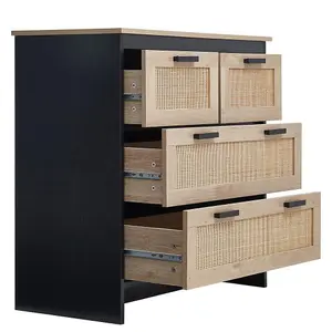 Black Rattan Effect 4 Drawer Chest Sideboard Clothes Cabinet Hallway Accent Cabinet