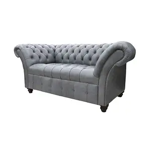 Chesterfield 2 Seater Buttoned Seat Sofa Vintage Cracked Wax Ash Grey Leather In Balmoral Style