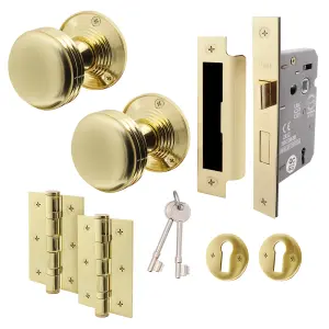 AFIT Lined Key Lock Door Knob Set Polished Brass - 1 Pair of Mortice Knobs 55mm, Sash Lock 80mm & Hinges 76mm for Internal Doors