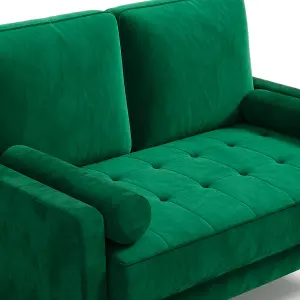 121CM Velvet Love Seat Green Couch with 2 Pillows