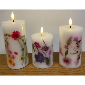 Set of 3 Dried Flower Embedded Real Wax LED Flame Candles - Battery Powered Candle Lights with Floral Design - H18, H12 & H10cm